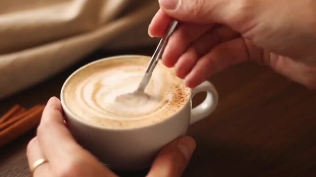Close-up shot of hands stirring a frothy coffee latte with a metal spoon in a white ceramic cup on a wooden table, featuring latte art with cinnamon powder and cinnamon sticks in background.