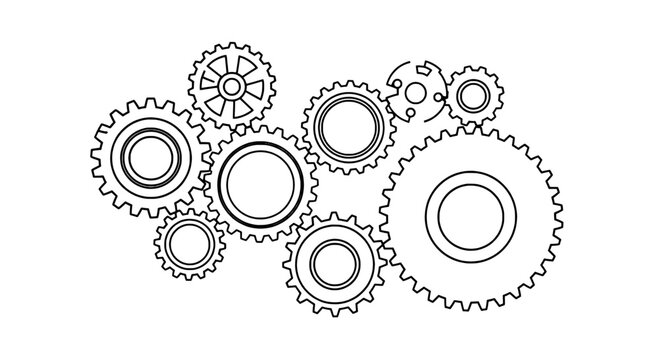 Gears mechanical illustration with interlocking teeth and circles featuring engineering, machinery, industrial, clean composition on simple background