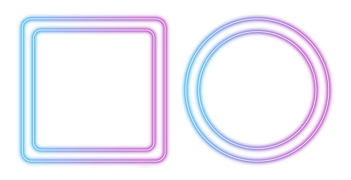 Blue and Purple Gradient Neon Frames Collection, Rounded Square and Double-ring Circle Glow Borders for Futuristic Night Club and Music Events