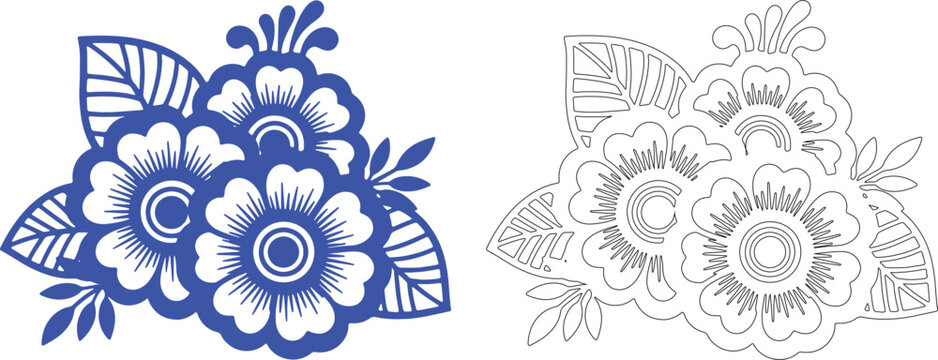 Solid black and blue mehndi style floral silhouettes