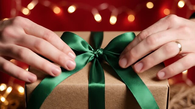Close-up of a person's hands tying a dark green satin ribbon into a bow on a brown craft paper gift box with a red background and warm bokeh lights during the holiday season.