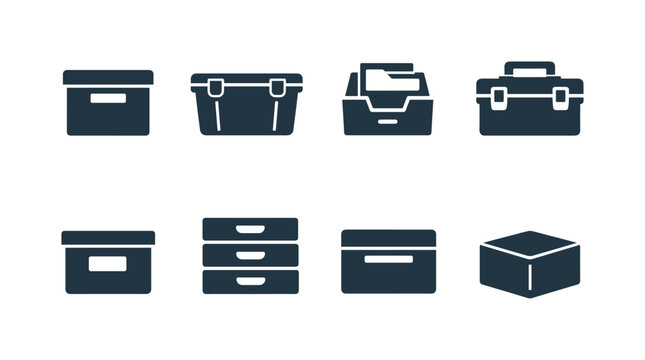 Set of minimalist storage and toolbox icons showing containers, drawers, organizer bins, and a closed box in simple dark silhouette style