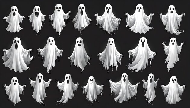 A collection of white ghosts on a black background