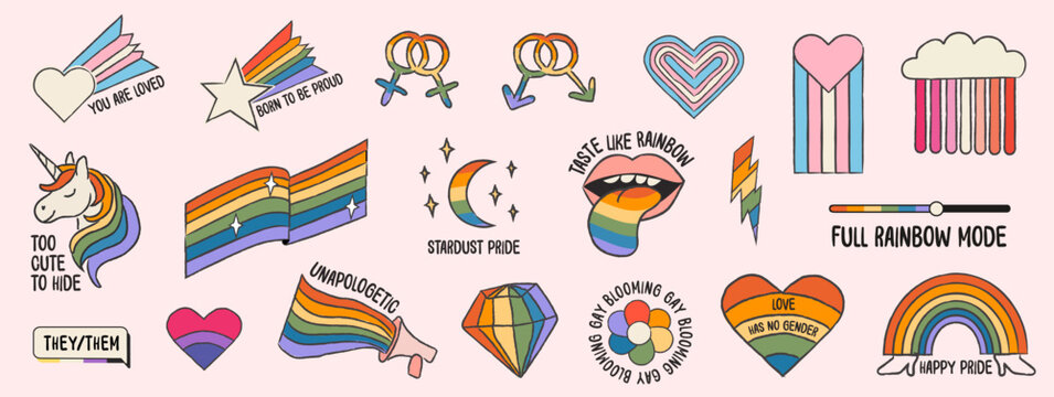 Retro pride sticker set with hand drawn rainbow icons and typography phrases. Hearts, flags, symbols, LGBTQ slogans. Trendy vintage queer elements for social media. Outline vector doodle illustrations