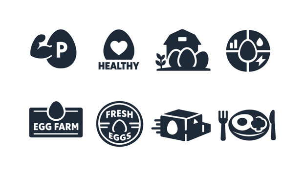 Set of minimalist monochrome icons about eggs, farms, healthy food and nutrition, including egg labels, fresh eggs badge, delivery box and meal plate