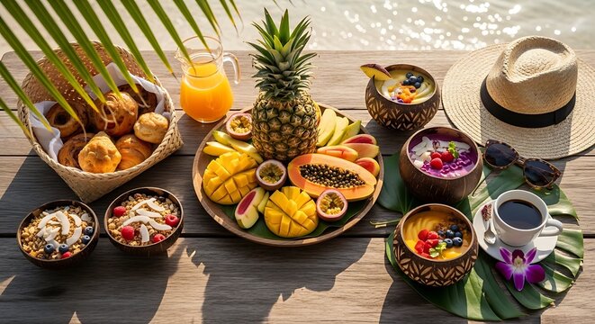 Tropical breakfast with fresh fruits, pastries, and coffee on a wooden table by the pool