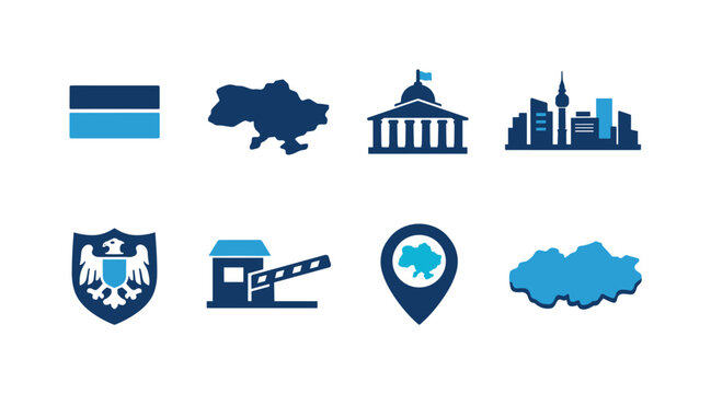 Collection of blue vector icons showing national flag, country maps, government building, city skyline, coat of arms, checkpoint gate, and location pin