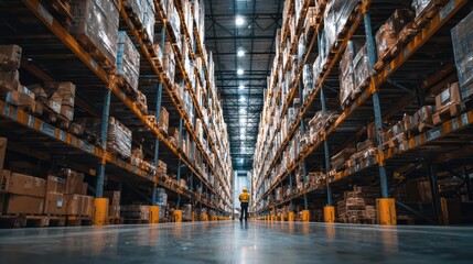Obraz premium wide perspective shot inside industrial warehouse, stacked shelves on both sides, worker standing in foreground, full height visible, calm and friendly expression