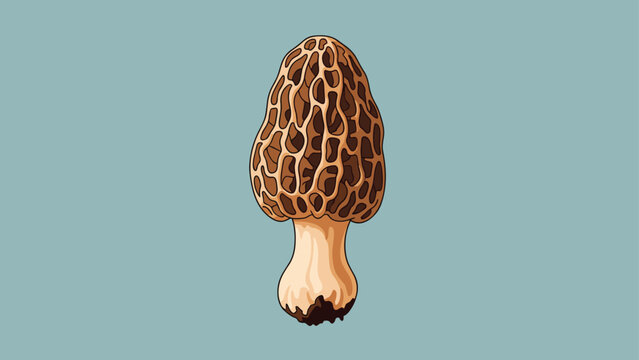Detailed botanical illustration of a morel mushroom with characteristic honeycomb texture against a solid muted background.