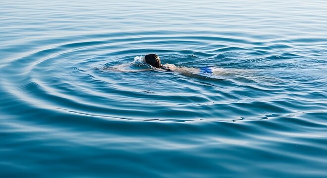 A solitary bird swimming peacefully through the calm blue water creating gentle circular ripples illustration
