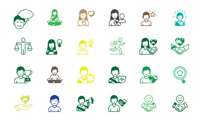 Obraz premium Set of diverse flat icons representing human emotions and professional activities isolated on transparent background