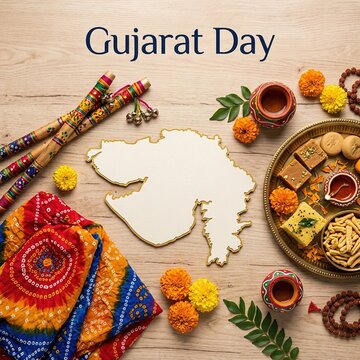 Festive Gujarat Day Design with Garba Dance, Folk Art and Decorative Elements