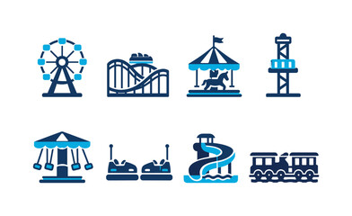 Naklejka premium Set of amusement park attraction icons featuring ferris wheel, roller coaster, carousel, drop tower, swings, bumper cars, water slide, and train