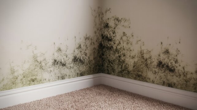 Extensive black and green mold growing on the corner of a white wall above a beige carpet in a dimly lit room representing neglect and unhealthiness