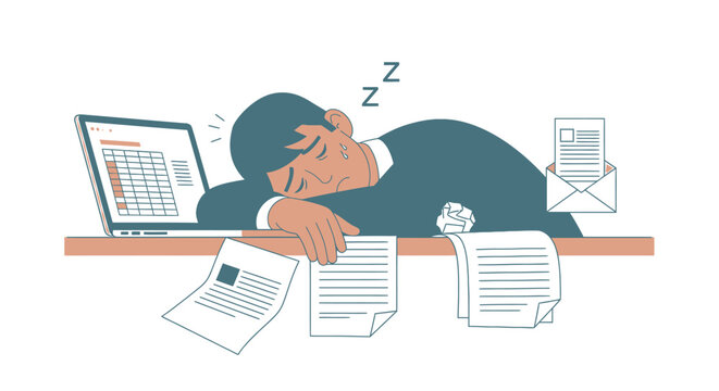 Tired Businessman Sleeping at Desk with Laptop and Documents.