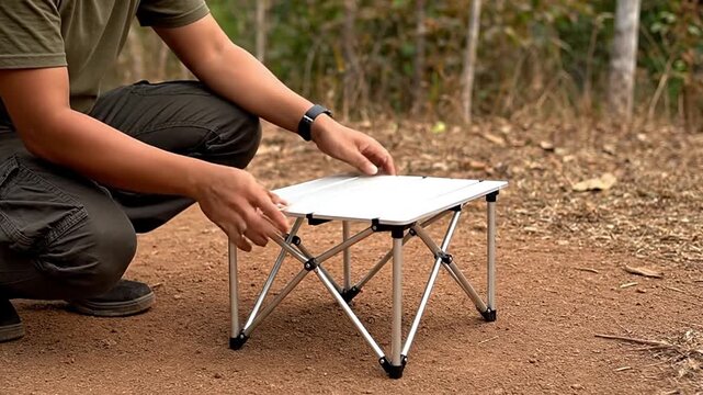 Man assembling a portable folding camping table outdoors. Ideal for camping, hiking, picnics, and outdoor leisure. Highlights convenience, easy setup, and compact design for travel and adventure.