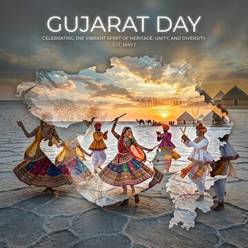 Vibrant Gujarat Day Celebration Poster with Cultural Map and Traditional Dance Art