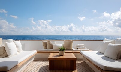 Obraz premium a yacht deck with an overhang, featuring outdoor seating and white cushions on the sunbeds
