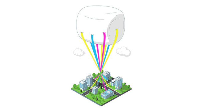 Giant marshmallow blimp floating above a miniature city, symbolizing sweet dreams or a whimsical advertising campaign