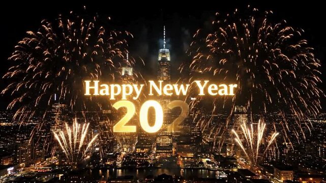 New Year Countdown Intro 2027, Dynamic golden fireworks explode over the midnight city skyline with glowing &ldquo;Happy New Year 2027&rdquo; text animation
