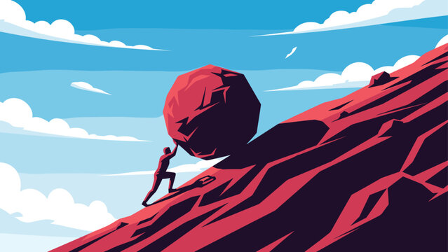 Philosophical illustration of a person pushing a massive red boulder up a steep mountain slope against a blue sky.