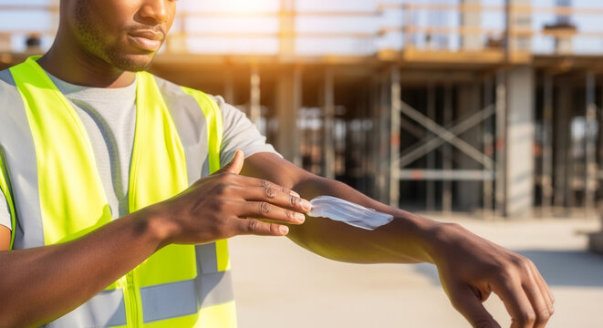 African-American male construction worker applying sunscreen cream on forearm at building site, sun protection and safety in outdoor work