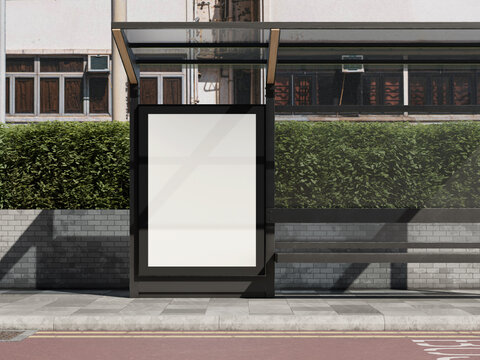 White Blank Advertising Board Mockup on a Bus Stop 3D Rendering Poster and Billboard