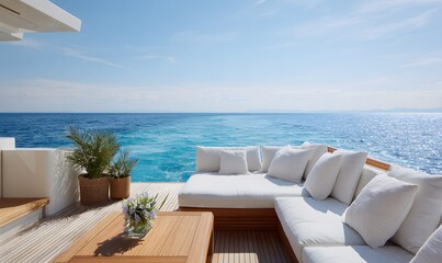 Obraz premium a yacht deck with an overhang, featuring outdoor seating and white cushions on the sunbeds