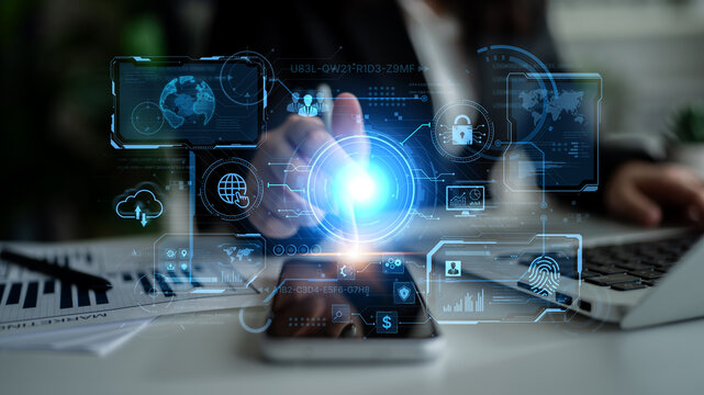 A futuristic command center interface for managing a global technology platform. The dashboard includes data security, network administration, and biometric user authentication. Fermion
