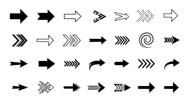 Arrows hand drawn set with black curved lines and various styles featuring direction, icons, symbols with design and vector elements for