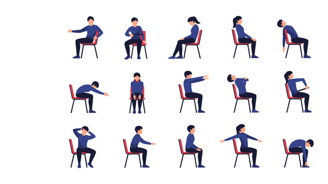 Comprehensive series of illustrations demonstrating various office stretches and physical exercises performed while seated on a standard chair.