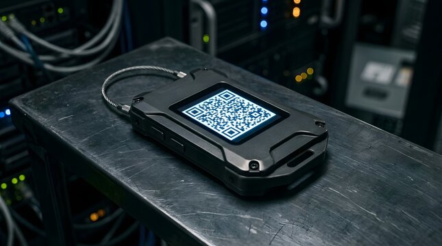 A robust, secure, portable digital device featuring a brightly illuminated QR code on its screen, essential for data management.