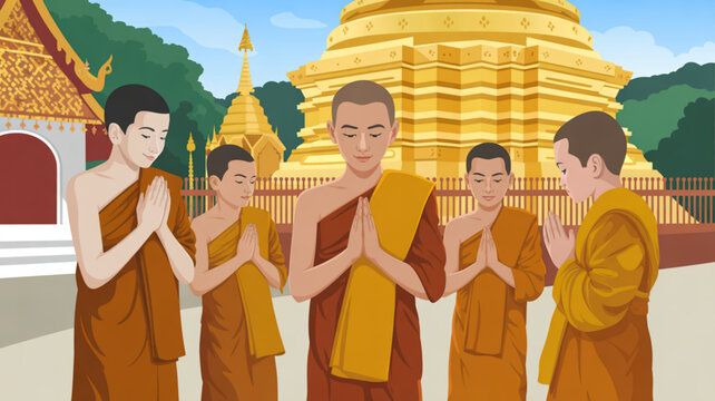 Buddhist monks praying together in front of golden temple with mountain background