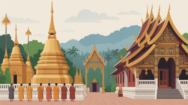 Buddhist monks walking towards ancient temple complex with golden stupas and pagodas in serene mountain landscape