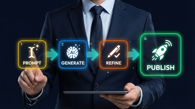 A businessman in a suit interacts with a digital workflow process on a tablet