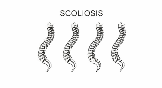 Line art of human spines illustrating scoliosis with different curvatures