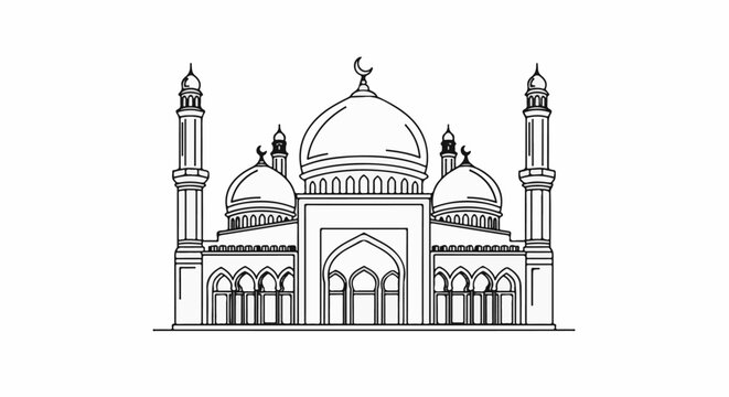 Majestic mosque with domes and minarets, intricate architectural drawing