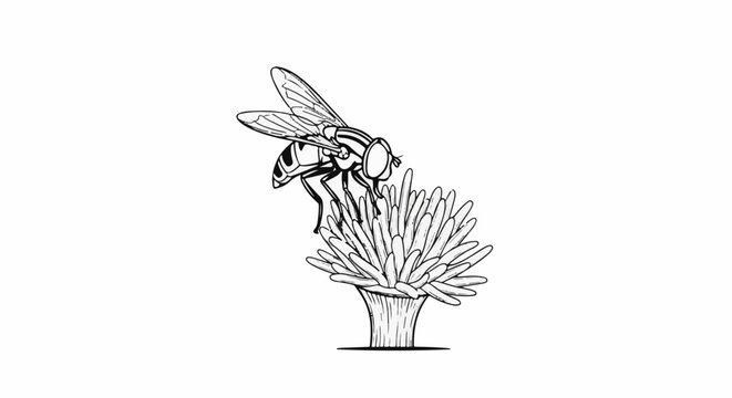 Line art shows a fly perched on a flower, with detailed wings and body