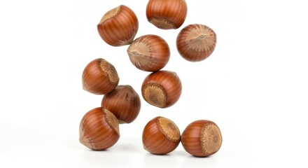 Fototapeta premium A collection of brown, whole hazelnuts, some still in their shells, set against white