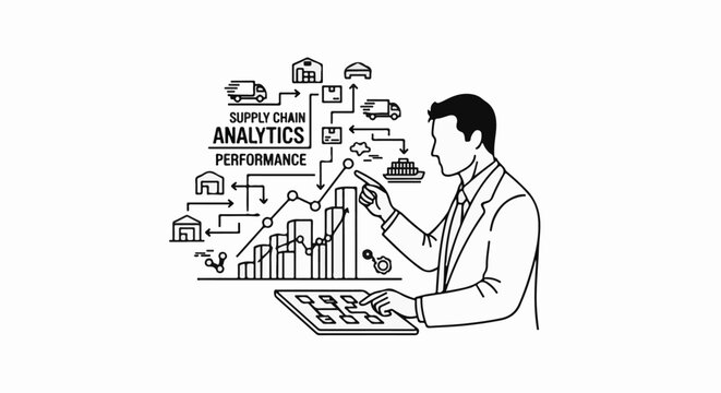 Man analyzes supply chain performance using charts and flow diagrams