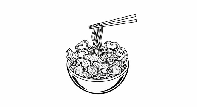 Line drawing of a bowl of noodles with vegetables and meat, lifted by chopsticks