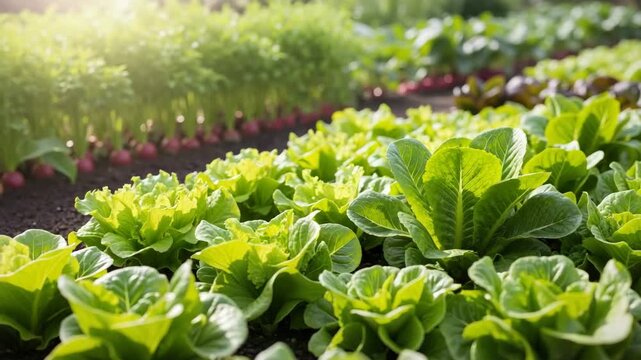 Fresh green romaine lettuce growing in a vibrant vegetable garden  