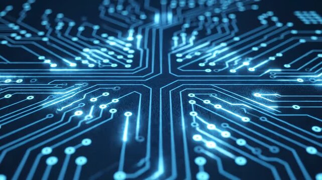 Futuristic electronic circuit board background, hightech computer motherboard pattern with glowing blue connections and data flow, digital technology concept
