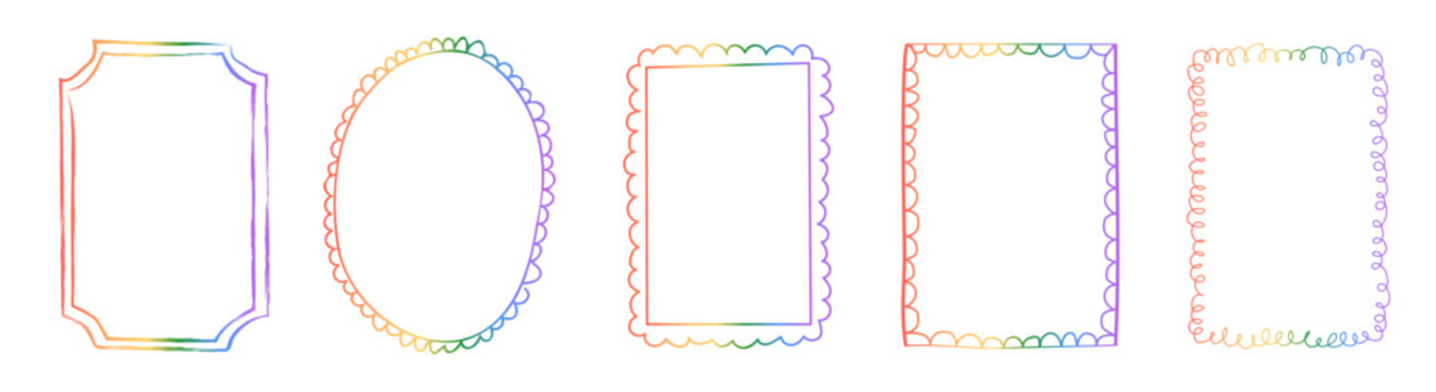 Set of hand drawn frames with wavy squiggle curly edges and rainbow gradient colors. Borders with abstract lines and retro scalloped patterns for invitations, posters, social media templates. Vector.