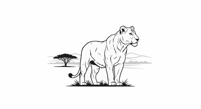 Line drawing of a lioness standing in grassy savanna with acacia tree and hills