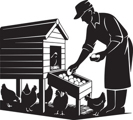 Farmer Collecting Fresh Eggs from Chicken Coop: Black and White Poultry Farming Vector Icon © Vector 4 You