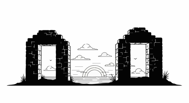 Ruined stone archways frame a serene sunset over tranquil water with clouds
