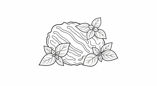 Line drawing of a piece of meat with basil leaves