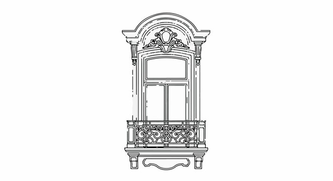 Ornate, classic balcony window with intricate scrollwork and decorative top