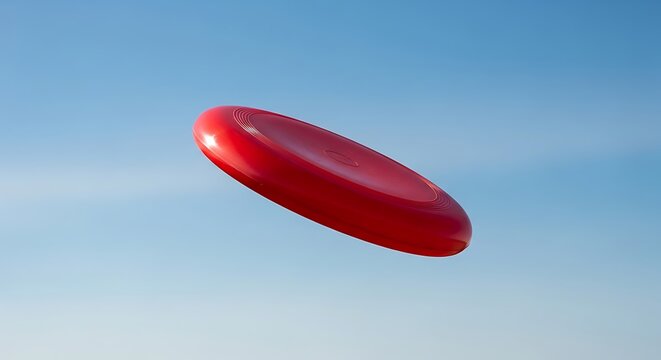 A vibrant red flying disc soaring through the clear blue sky during a sunny outdoor afternoon illustration